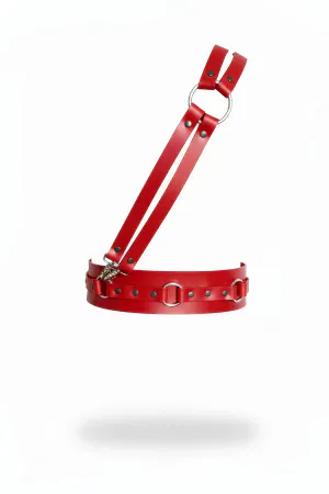 Red Faux Leather Chest Harness with Double O-Ring Straps and Studded Underbust Band, adjustable fit.