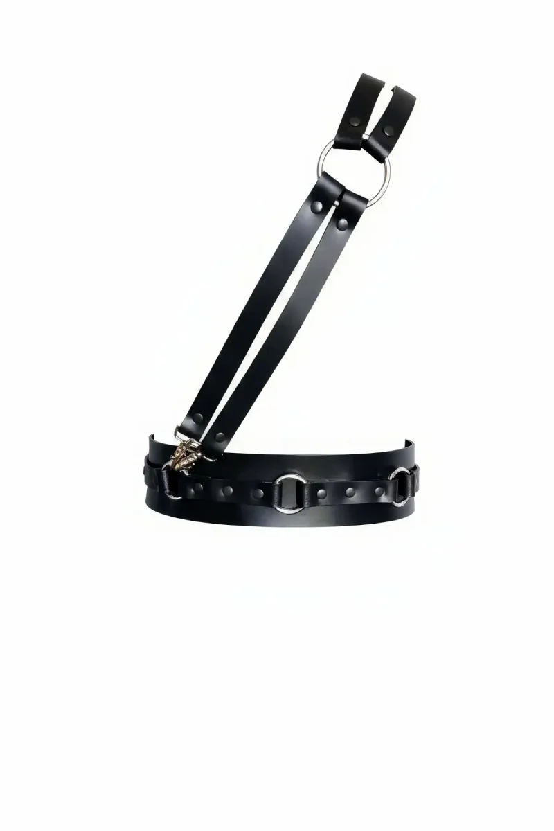 Black Faux Leather O-Ring Waist Belt with Detachable Harness Suspenders