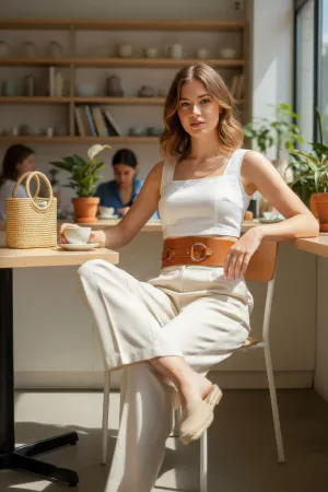Wide Tan Faux Leather Waist Belt with Gold O-Ring Buckle on Woman