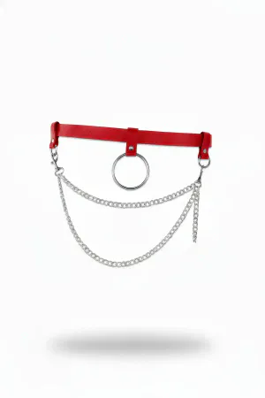 Red Faux Leather Waist Harness with Large Silver O-Ring and Double Draped Chains, Front View