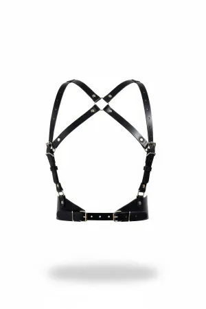 Black Faux Leather Cross-Back Chest Harness with Silver Buckles and Adjustable Straps