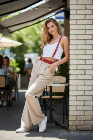 Red Faux Leather Harness Belt with Wide Front Plate and Shoulder Straps worn over white crop top and beige pants.