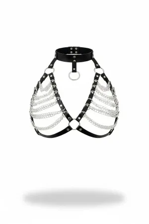 Black Women's Belt Chain Detailed Leather Corset with Neck Collar - APFT945
