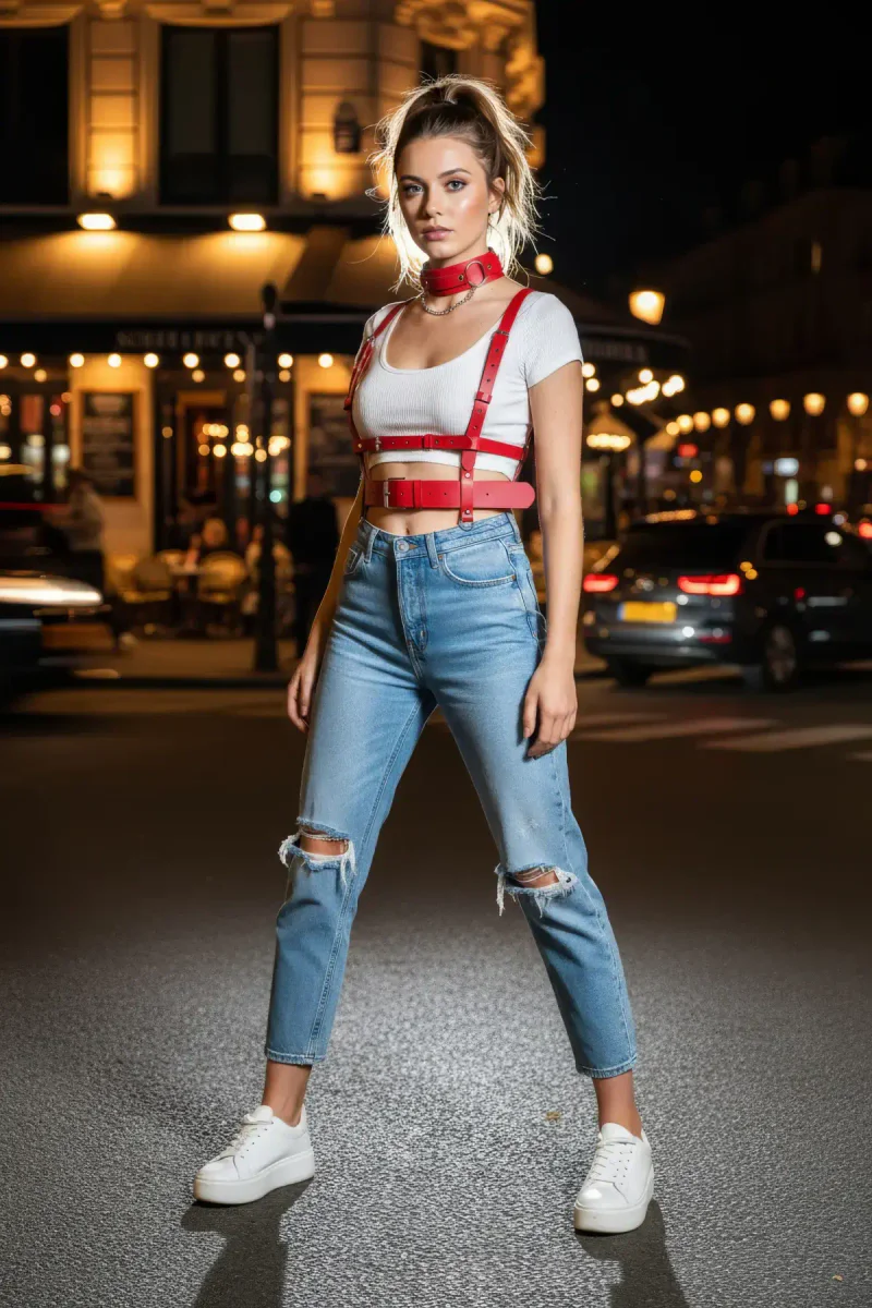 Red Women's Belt Leather Body Accessory Buckle Vest - APFT959