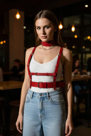 Red Women's Belt Leather Body Accessory Buckle Vest - APFT959