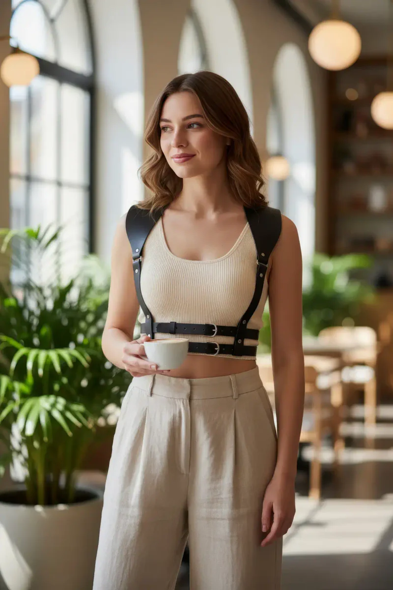 Black Women's Belt Leather Shoulder Detailed Body Accessory - APFT966