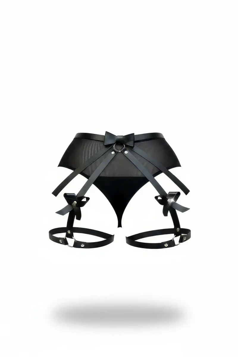 Black High Waist Mesh Garter with Faux Leather Bow Accents
