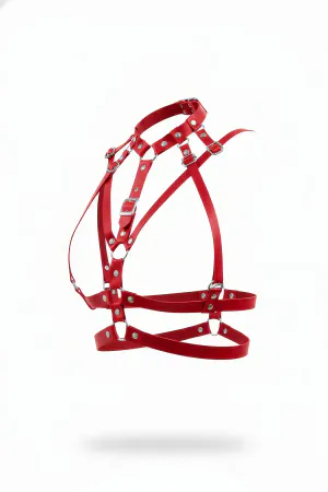 Red Faux Leather Chest Harness Multi-Strap Design Adjustable Silver Buckles