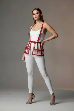 Red Skirt Leather Cage Detailed Skirt High Waist Skirt Corset - APFT983
