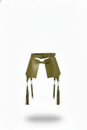 Khaki Faux Leather Paneled Waist Harness with Tassels Adjustable Buckles
