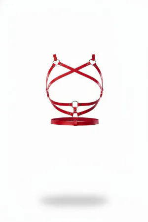 Red Faux Leather Caged Chest Harness Adjustable Straps Silver O-Rings