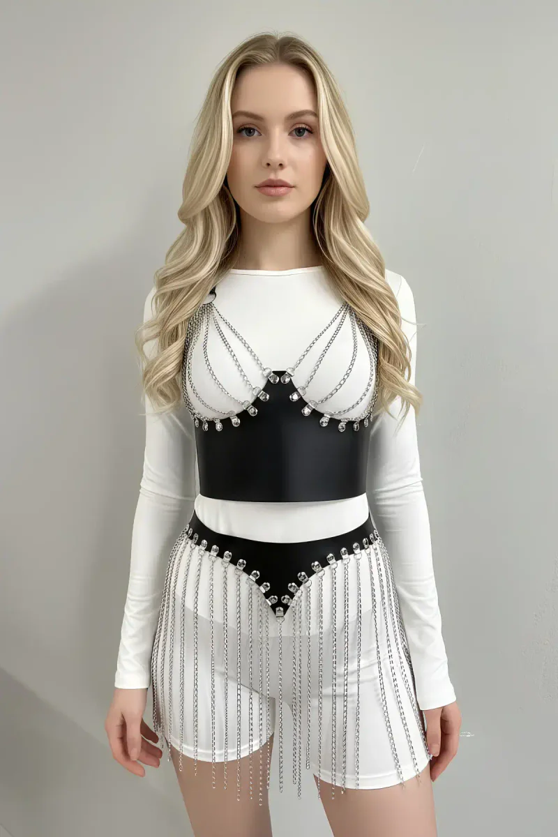 Silver Skirt Chain Detailed Skirt Tasseled Mini Skirt Party Dress - APFT994