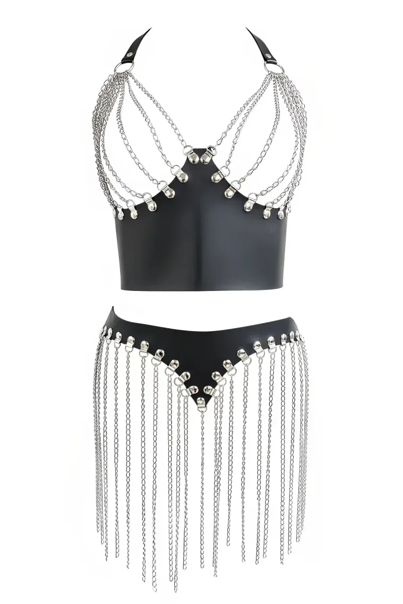 Silver Skirt Chain Detailed Skirt Tasseled Mini Skirt Party Dress - APFT994