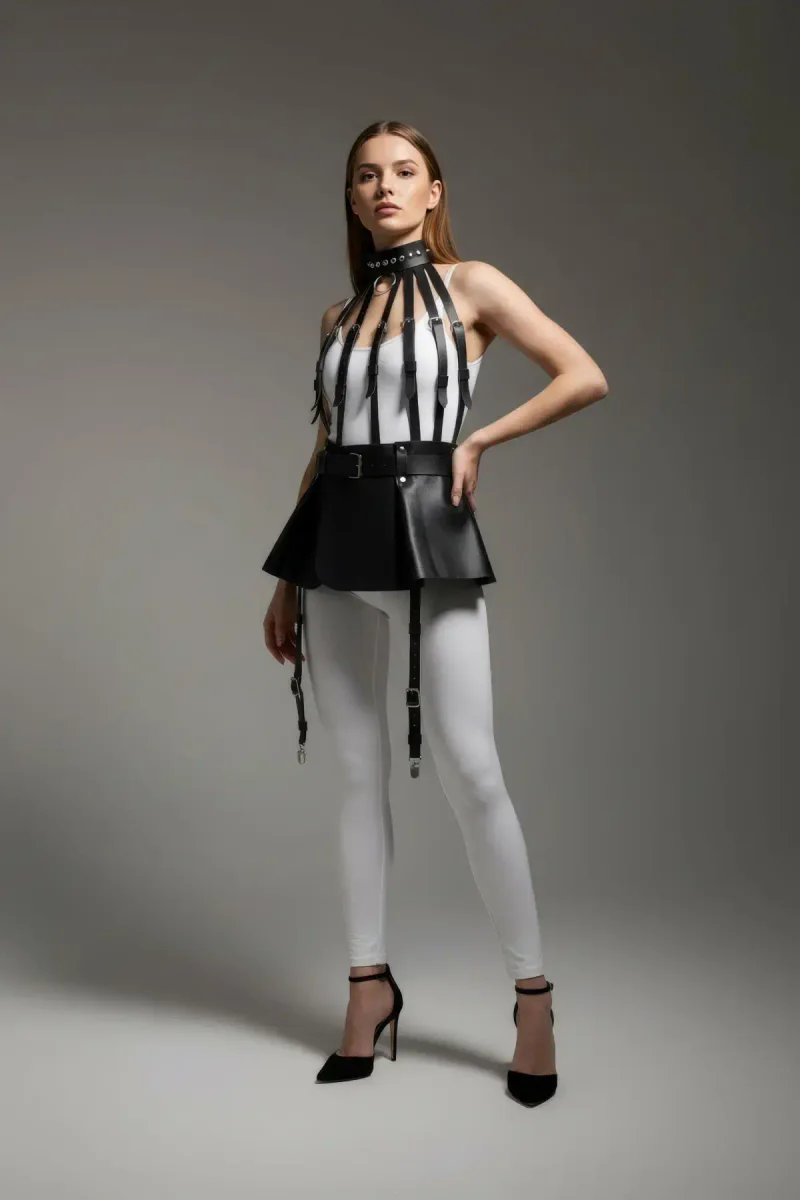 Black Skirt Faux Leather Skirt Flared Mini Skirt - APFT998