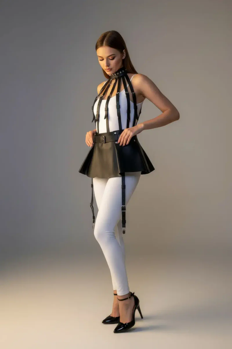 Black Skirt Faux Leather Skirt Flared Mini Skirt - APFT998