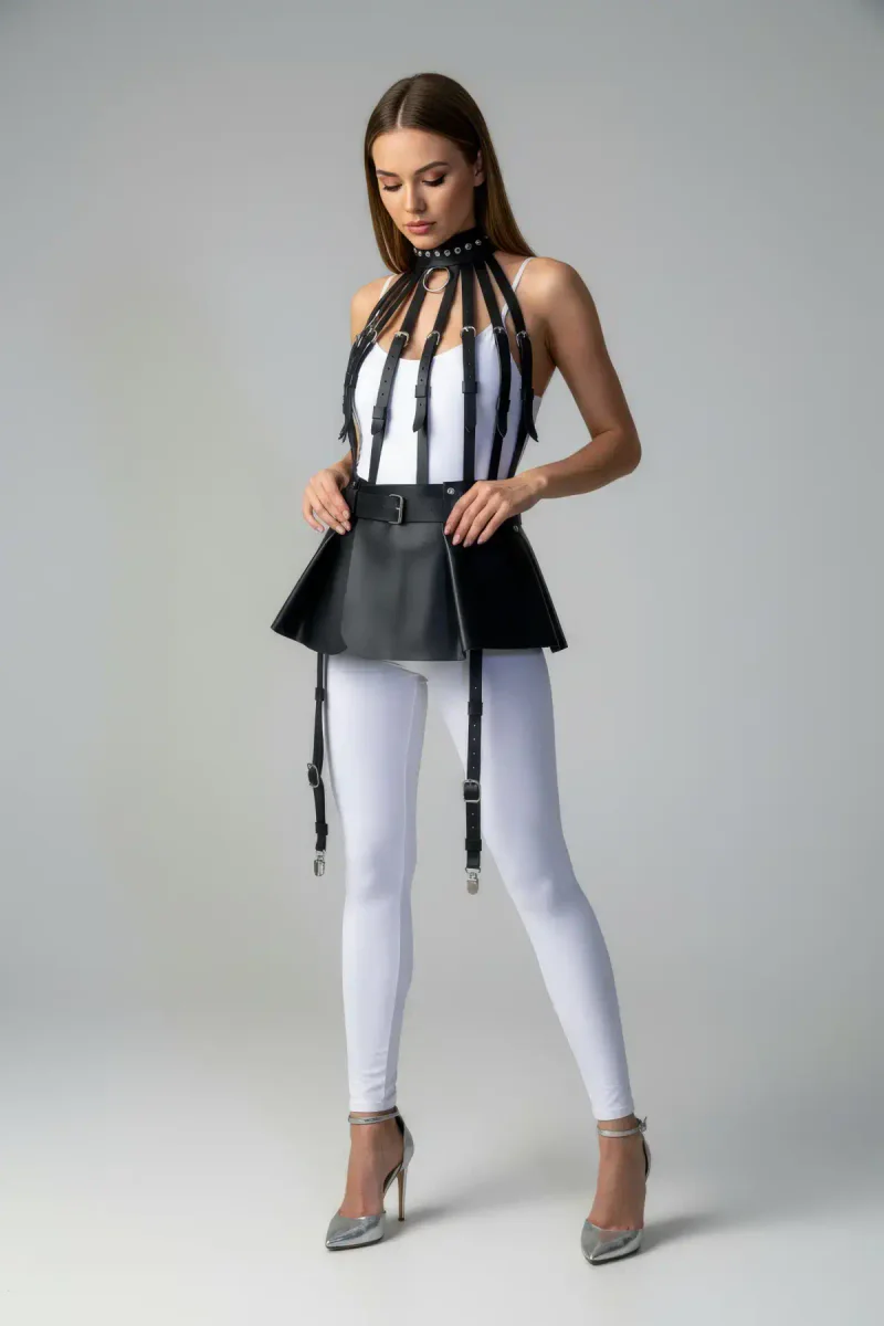 Black Skirt Faux Leather Skirt Flared Mini Skirt - APFT998