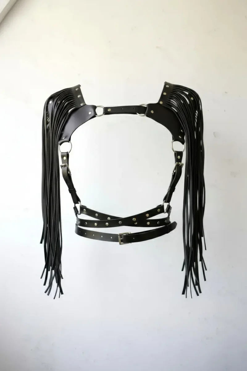 Black Faux Leather Chest Harness with Dramatic Shoulder Fringes and Silver Stud Accents