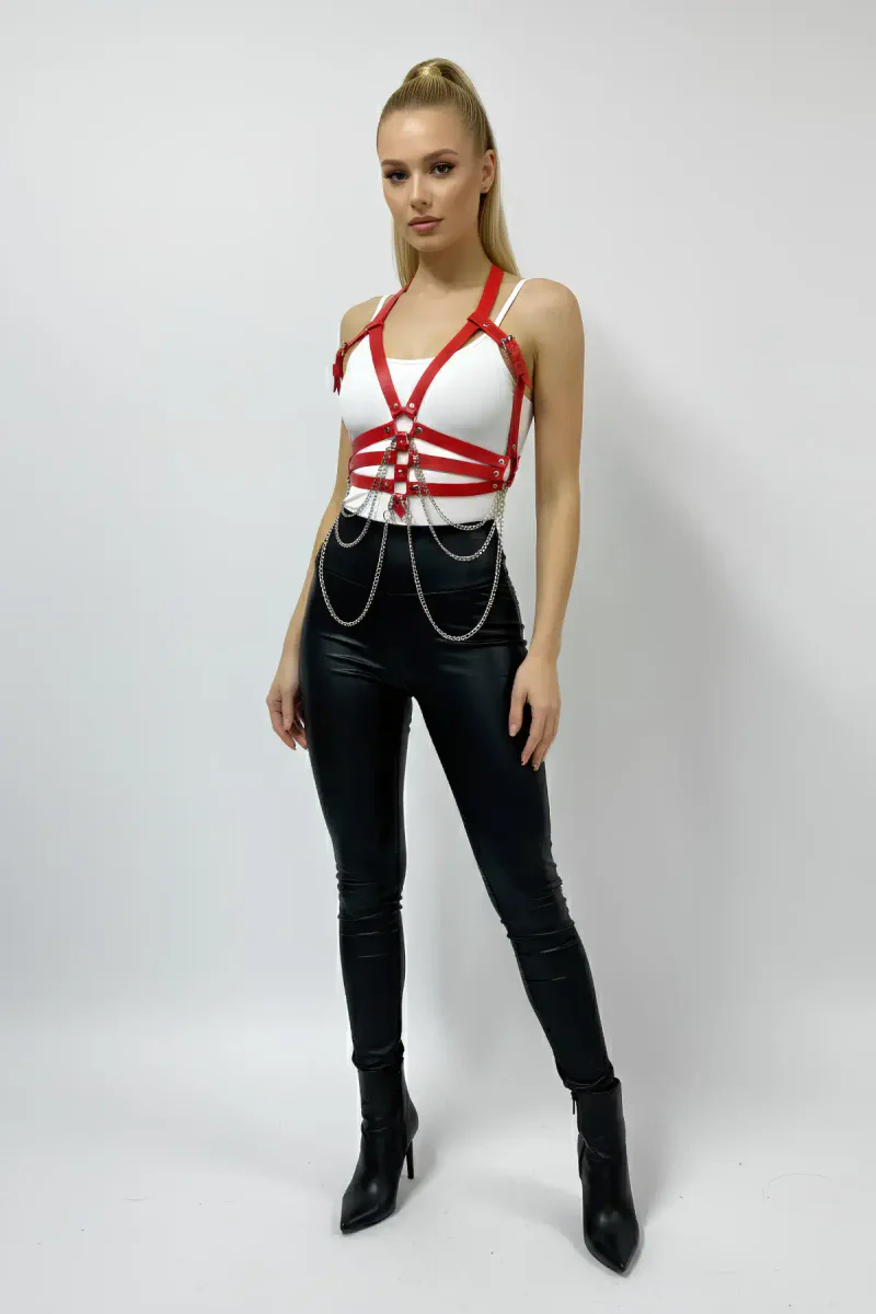 Red Faux Leather Strappy Body Harness with Draped Chains Women