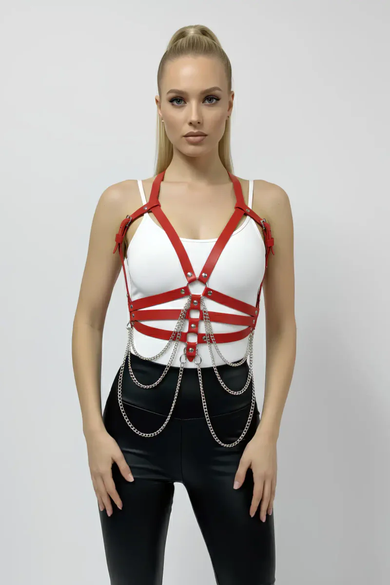 Festival red faux leather harness with