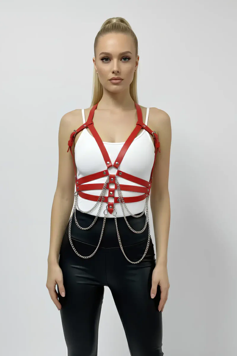 Festival red faux leather body harness