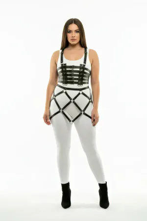 Plus Size Black Skirt with Cage Detail Leather Harness Accessory - APFT785