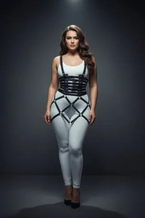 Plus Size Black Skirt with Cage Detail Leather Harness Accessory - APFT785