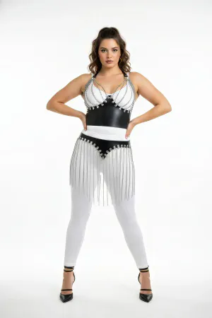 Plus Size Black Skirt with Leather Look Chain Fringe Detail - APFT994