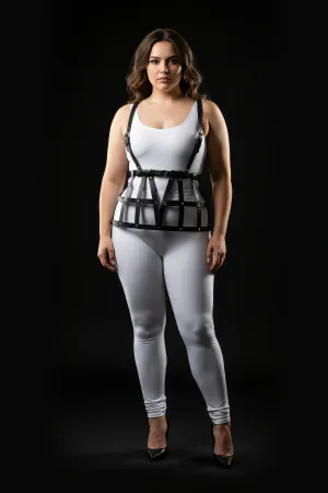 Plus Size Black Leather Skirt with Cage Detail Harness Accessory - APFT1252