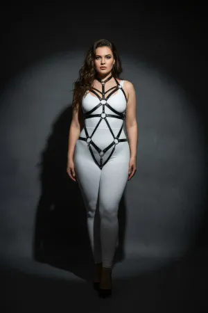 Plus Size Black Women's Harness Suit Full Body Ring Detailed Leather Accessory - APFT316