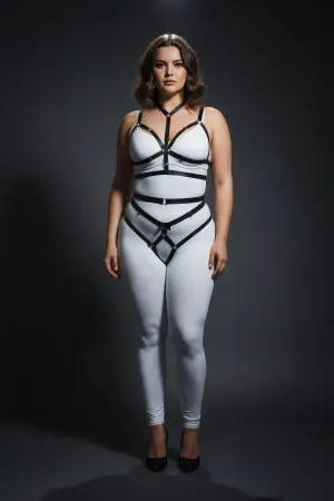 Plus Size Black Women's Rubber Harness Set with Ring Detail - APFT362