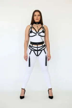 Plus Size Black Women's Harness Suit Chain Detailed Leather Body Accessory - APFT394