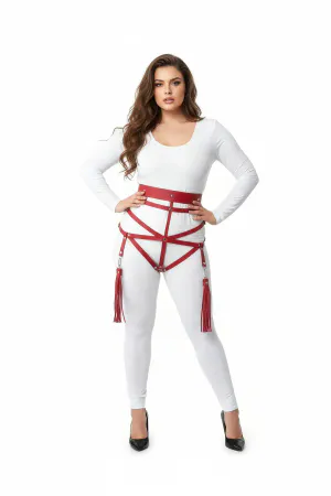 Plus Size Red Women's Harness Suit Tassel Detailed Leather Body Accessory - APFT397