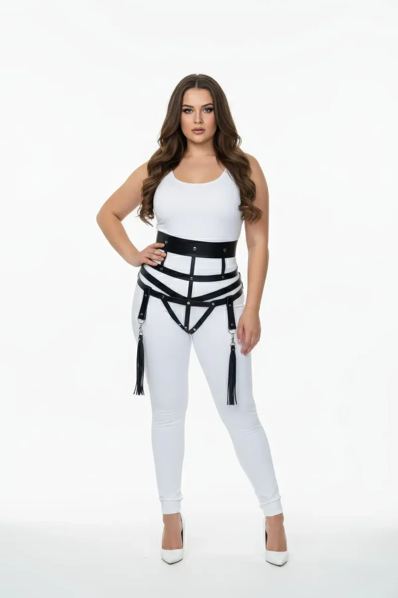 Black Vegan Leather Wide Strap Cage Harness with Detachable Tassel Garters