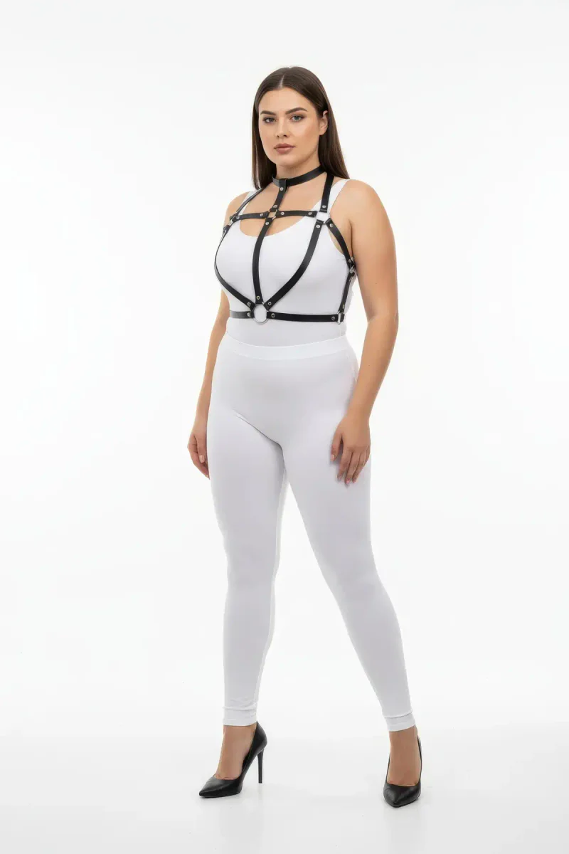 Black faux leather body harness close-up O-ring detail