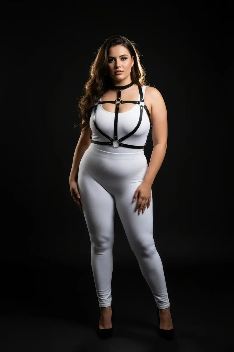 Plus size model wearing black strappy O-ring harness from side
