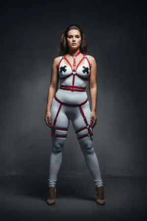 Plus Size Red Women's Leather Harness Suit Garter Detailed Body Accessory - APFT455