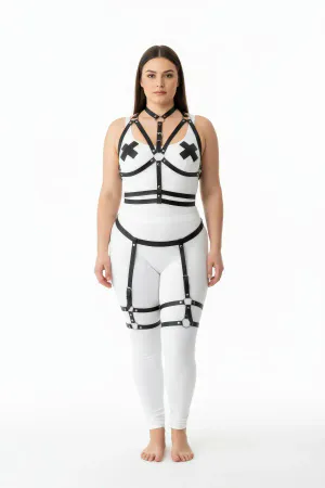 Plus Size Black Women's Garter Harness Set with Adjustable Leather Accessory - APFT455
