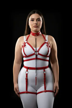 Plus Size Red Women's Harness Suit with Chain Detail and Garter - APFT457