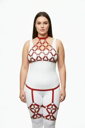 Plus Size Red Women's Harness Suit with Garter and Stud Detail Fancy - APFT460