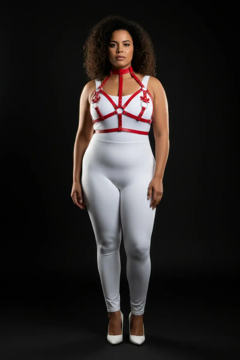 Adjustable strap detail on red faux leather body harness with O-ring detail