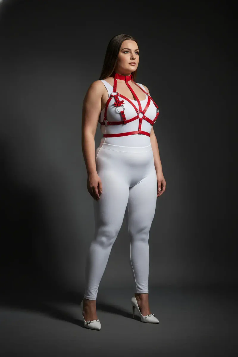 Side view of red strappy harness with O-ring accents