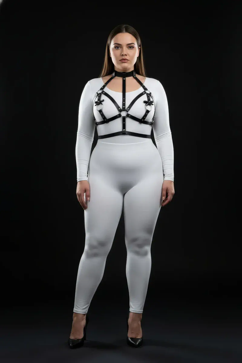 Plus Size Black Women's Leather Harness Set with Neck Collar and Ring Detail Fancy Accessory - APFT473