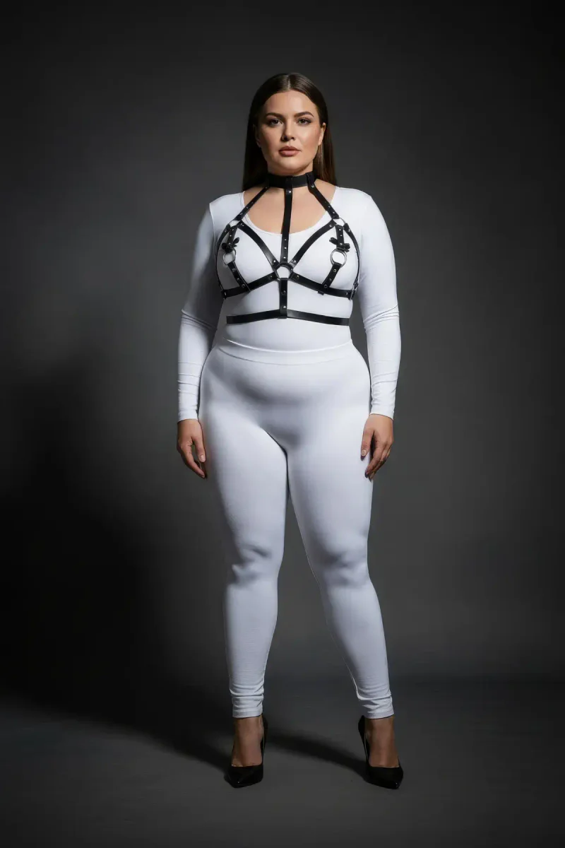 Plus Size Black Women's Leather Harness Set with Neck Collar and Ring Detail Fancy Accessory - APFT473