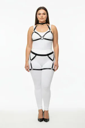 Plus Size Black Women's Leather Harness Set with Garter Ring Detail - APFT478
