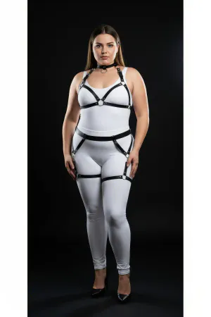 Plus Size Black Women's Leather Harness Set with Garter Ring Detail - APFT478