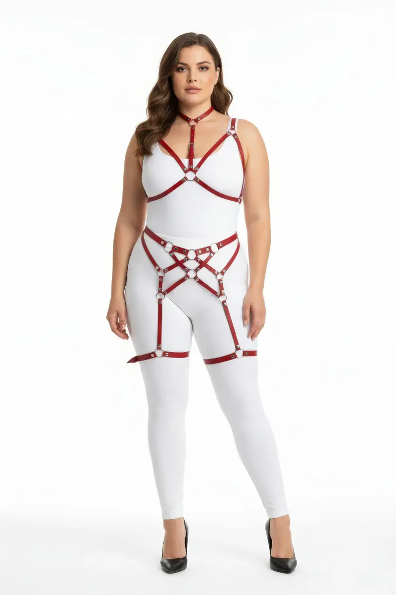Red Faux Leather Strappy Body Harness Set with Garters and O-Rings