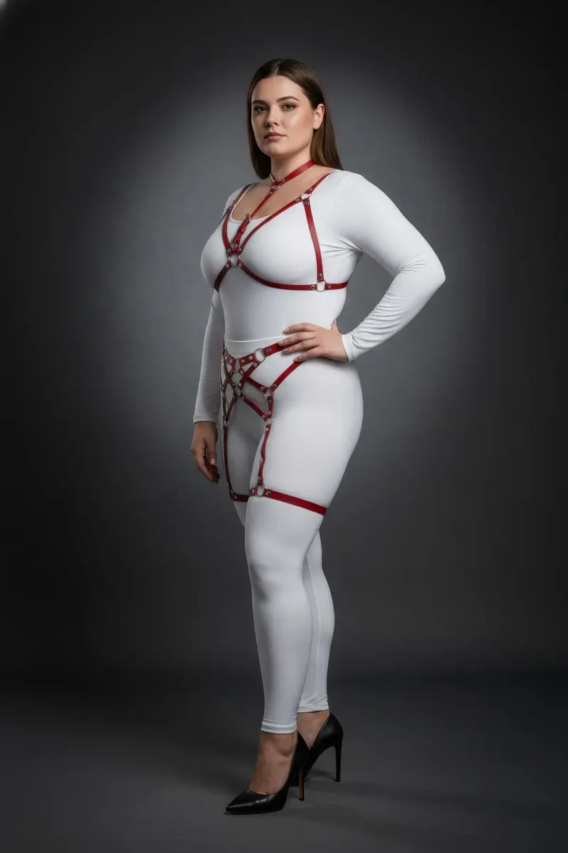 Red Faux Leather Body Harness Set Side