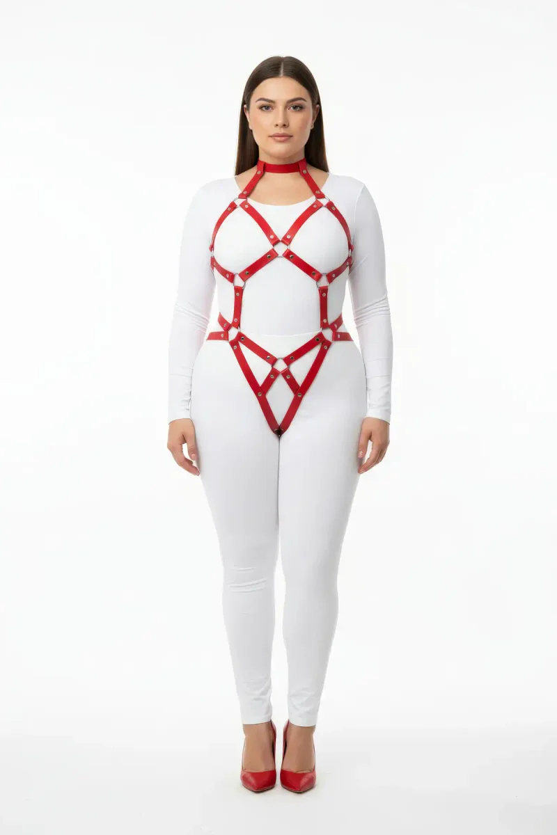 Red Women's Adjustable Full Body Harness Set with Choker