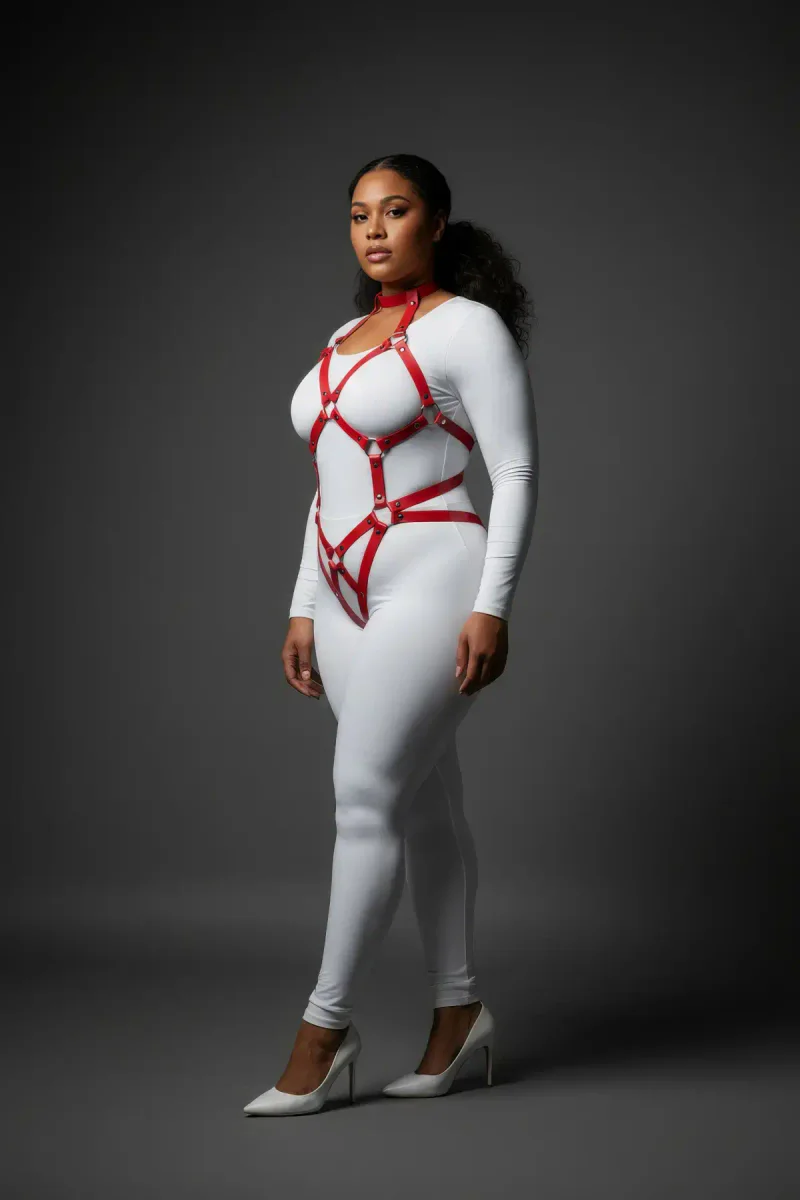 Red Women's Adjustable Full Body Harness Set with Choker