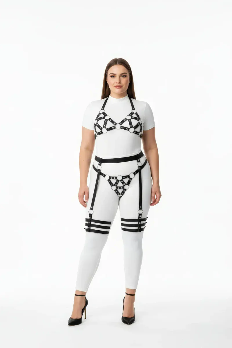 Black Vegan Leather Geometric O-Ring Harness Set with Detachable Thigh Garters